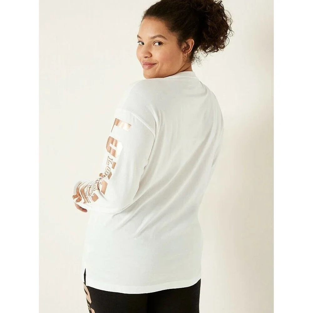 VS VICTORIAS SECRET PINK SHINE CAMPUS LONG SLEEVE TEE TOP ROSE GOLD SHINE XXL - Picture 3 of 7